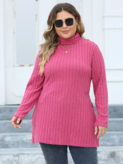 Women's Tops Plus Size Women's Turtleneck Slim Fit Basic Shirt Ribbed Slit Midi T-Shirt -Plus Size Dresses Shop a838e83a8d4ccfe3