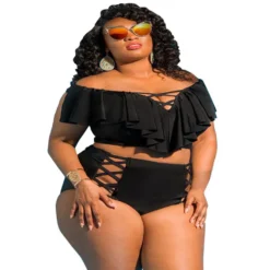 Two Pieces Women Plus Size Bikini Swimsuit Ruffled Printed High Waist Off Shoulder Swimwear -Plus Size Dresses Shop a89298d4dead4da7