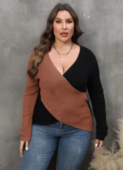 Autumn/Winter Women's Tops Plus Size Ladies Contrast Color Patchwork Deep V Crossover Sexy Sweater -Plus Size Dresses Shop a976aa47954cdfcd