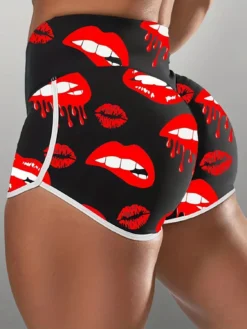 Plus Size Casual Red Lip Print Shorts -Plus Size Dresses Shop aa492214ea7e3f9d