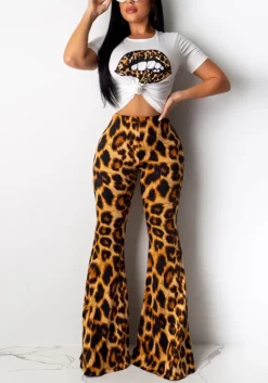 Women'S Sexy Lips Print T-Shirt Leopard Print Bell Bottom Pants Two-Piece Set -Plus Size Dresses Shop aab4610316b36a22