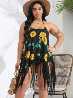 Plus Size Women Beach Strap Printed Handhook Tassel Lace-Up Backless Dress -Plus Size Dresses Shop aae25fd10a8a5219