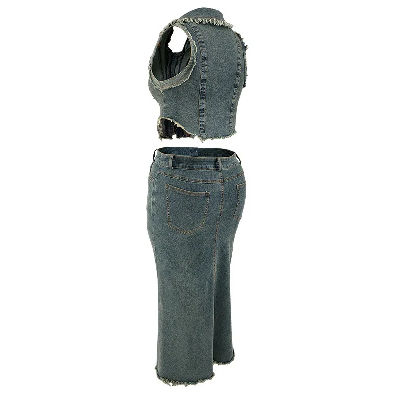 Plus Size Women's Denim Sleeveelss Zipper Top Slit Long Skirt Two Piece Set 5 Plus Size Women's Denim Sleeveelss Zipper Top Slit Long Skirt Two Piece Set - Image 3