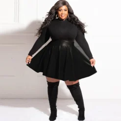 Plus Size High Waist Slim A-line Pleated Pu Leather Skirt -Plus Size Dresses Shop abe50ecb88030719