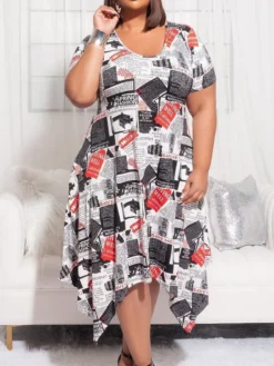 Plus Size Women Short Sleeve Round Neck Print Dress