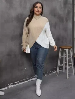 Plus Size Women's Autumn Winter Pullover Tops Contrast Color Patchwork Crossover Woven Sweater -Plus Size Dresses Shop ac045e7ed222bf9f