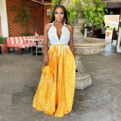 Women Sexy Print Shirt Collar Wide Leg Lace-Up Jumpsuit