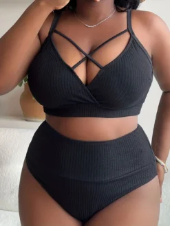 Sexy Plus Size Solid Straps High Waist Bikini Two Piece Swimsuit -Plus Size Dresses Shop ac583a72ff762cf4