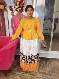 Plus Size African Women Chic Top+ Printed Pleated Skirt Two-piece Set