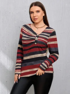 Plus Size Women's Stripe Print Asymmetric Button-Down Top -Plus Size Dresses Shop acbde0311e62e345