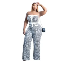 Plus Size Women Fake Button Strapless Print Jumpsuit -Plus Size Dresses Shop acd98193b9932289