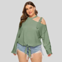Plus Size Women's Clothing Fat Size Mm Summer Shoulder Strap Decoration Solid Color Top Bow Knot Long Sleeve Slash Shoulder T-Shirt -Plus Size Dresses Shop acf26e6bef2ebfe9