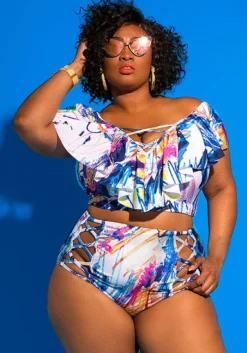 Plus Size Women Off Shoulder Print Two Pieces Swimwear -Plus Size Dresses Shop ad48a90caff1654a