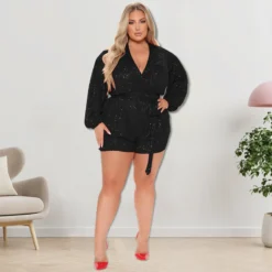 Plus Size Women's Sequins Long Sleeve V Neck Rompers -Plus Size Dresses Shop adcfefd13adec443