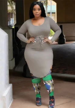 Autumn/Winter Plus Size Ladies Sexy U-Neck Solid High Waist Drawstring Irregular Dress For Women -Plus Size Dresses Shop ae0bf0809e4d9710