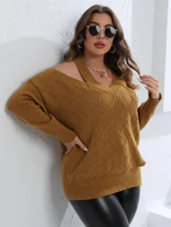 Women's Fall Winter Pullover Tops Plus Size Women's Style Cutout Shoulder Knit V Neck Sweater -Plus Size Dresses Shop af07734c269cc40f