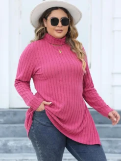 Women's Tops Plus Size Women's Turtleneck Slim Fit Basic Shirt Ribbed Slit Midi T-Shirt -Plus Size Dresses Shop af0e9350ae0e58f2