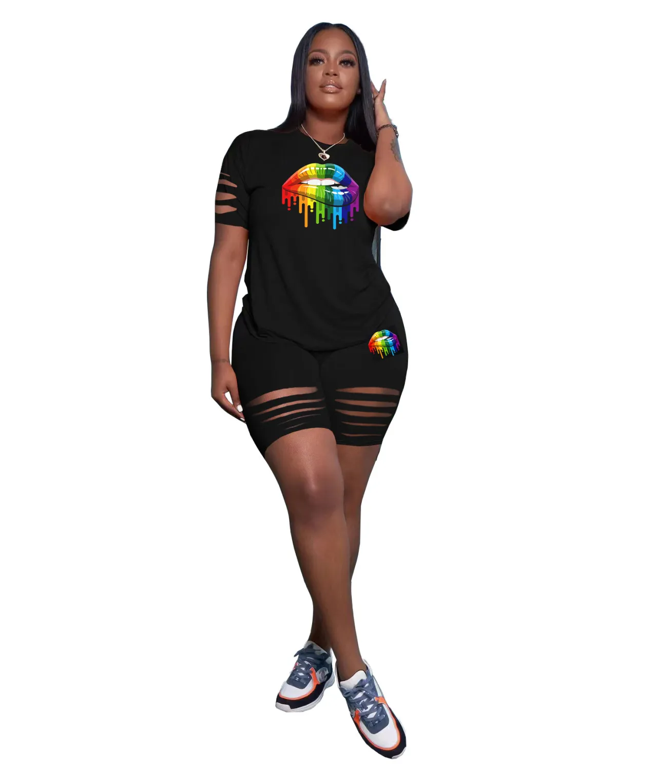 Plus Size Women Summer Print Short Sleeve Top And Short Two-Piece Set 6 Plus Size Women Summer Print Short Sleeve Top And Short Two-Piece Set - Image 4