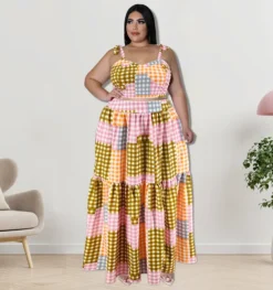 Plus Size Women Clothes Summer Plaid Crop Strap Top Loose Swing Skirt Two Piece Set -Plus Size Dresses Shop aff958894f52621d