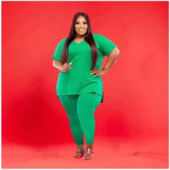 Plus Size Solid Color V-neck Short Sleeve Two Piece Pants Set -Plus Size Dresses Shop b0df1c5a8db2b96b