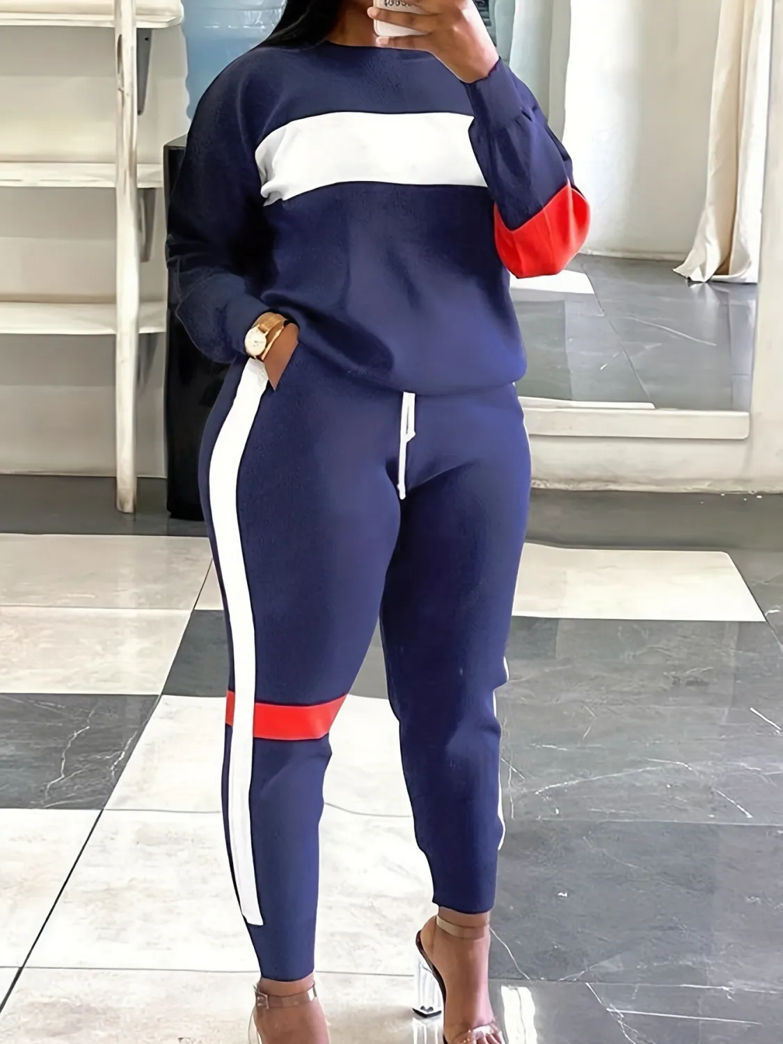 Autumn And Winter Women's Fashionable Contrasting Color Plus Size Two-Piece Pants Set For Women 8 Autumn And Winter Women's Fashionable Contrasting Color Plus Size Two-Piece Pants Set For Women - Image 6