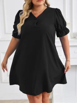 Plus Size V Neck Short Sleeve Solid Dress