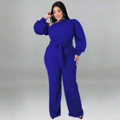 Plus Size Women Solid Balloon Sleeve Slash Shoulder Belted Jumpsuit -Plus Size Dresses Shop b1d9d0123efff417