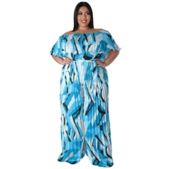 Women Print Off Shoulder Backless Pleated Loose Jumpsuit