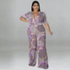 Plus Size Women Clothes Short Sleeve Deep V Neck Print Fashion Casual Multi Color Jumpsuit