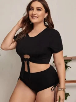 Women Black Bikini Round Neck Solid Hollow Out Plus Size Two Piece Swimwear -Plus Size Dresses Shop b3ae487f052085cc