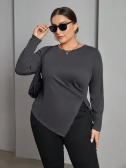 Plus Size Women's Autumn And Winter Long Sleeve T-Shirt Irregular Slit Versatile Basic Slim Top -Plus Size Dresses Shop b470fbde9b9dac70