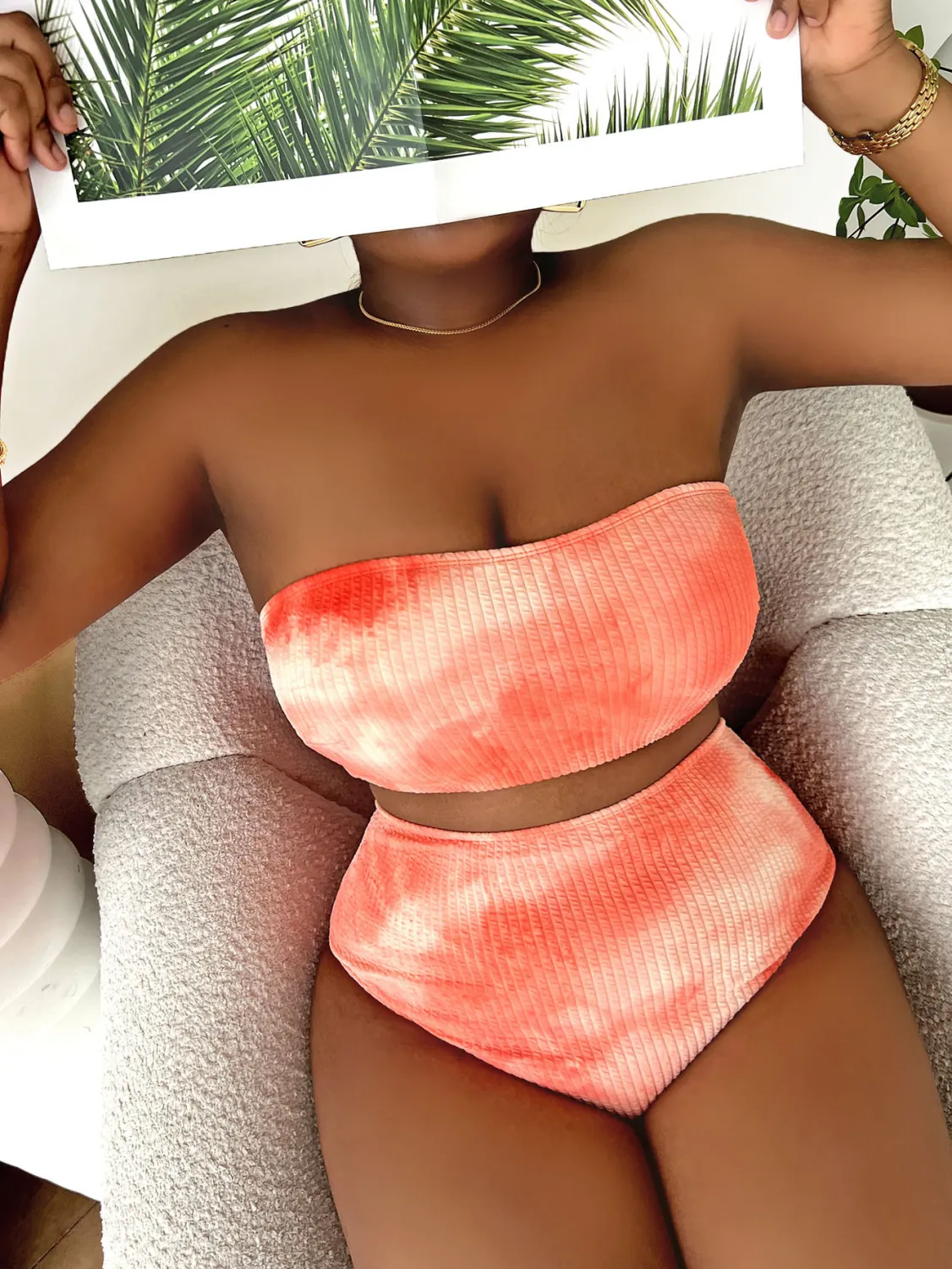 Sexy Plus Size Orange Tie Dye Strapless High Waist Bikini 3 Sexy Plus Size Orange Tie Dye Strapless High Waist Bikini