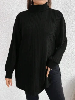 Plus Size Women High Neck Slit Knitting T-Shirt -Plus Size Dresses Shop b4adaac128703553