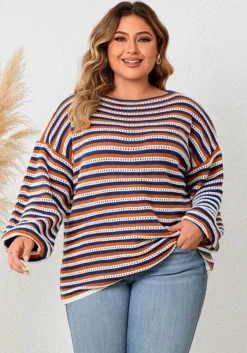 Plus Size Women Striped Loose Round Neck Top -Plus Size Dresses Shop b4baad90c2bd06c6
