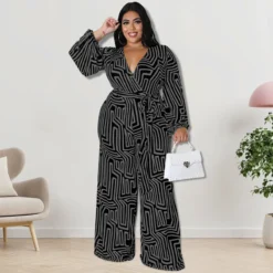 Plus Size Women'S Print Long Sleeve Wrap Wide Leg Jumpsuit -Plus Size Dresses Shop b4d27493818ef206