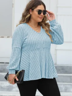 Women's Plus Size Tops Spring And Autumn V-Neck Ribbed Lantern Sleeve T-Shirt Basic Shirt -Plus Size Dresses Shop b4de60b5dcab2a6c