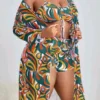 Women's Print Drawstring High Waisted Two Pieces Swimsuit Long Sleeve Blouse Plus Size Three-Piece Swimwear -Plus Size Dresses Shop b4f2280ad851decd