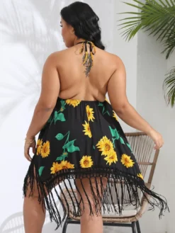 Plus Size Women Beach Strap Printed Handhook Tassel Lace-Up Backless Dress -Plus Size Dresses Shop b56feb82741c5d95