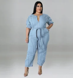 Plus Size Women Summer Short Sleeve Zipper Fashion Washed Denim Jumpsuit -Plus Size Dresses Shop b623310ce100b2b3