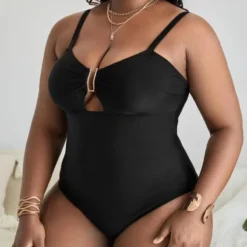 Solid Color Deep V Sexy Hollow Plus Size One-piece Swimsuit -Plus Size Dresses Shop b6b653412f00f54d