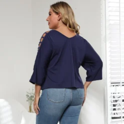 Fall Plus Size Women's Cutout V-Neck Bat Sleeves T-Shirt Top -Plus Size Dresses Shop b6e7862191133f01