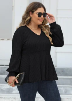 Women's Plus Size Tops Spring And Autumn V-Neck Ribbed Lantern Sleeve T-Shirt Basic Shirt -Plus Size Dresses Shop b74aea813ff4cfa7
