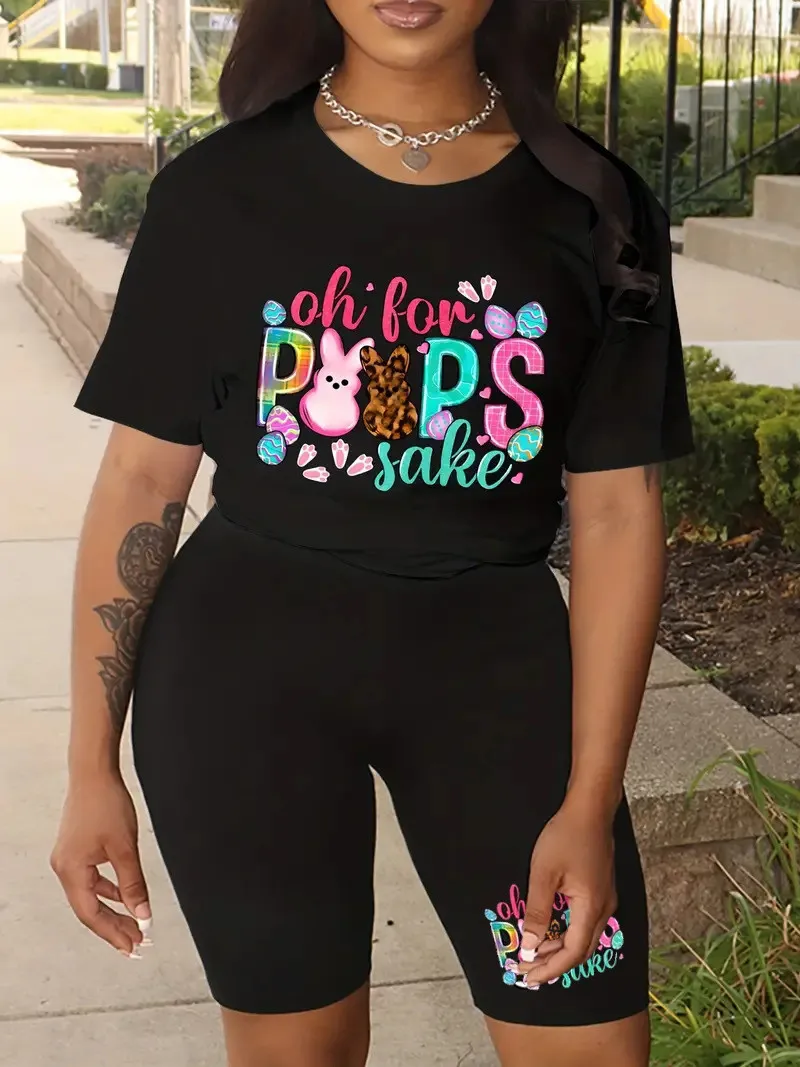 Women's Set Women's Short Sleeve T-Shirt Shorts Set Plus Size Loose Top Printed T-Shirt Shorts Two Piece Set 5 Women's Set Women's Short Sleeve T-Shirt Shorts Set Plus Size Loose Top Printed T-Shirt Shorts Two Piece Set - Image 3