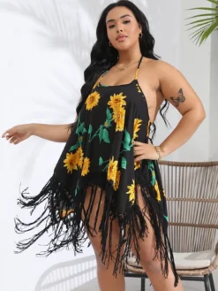 Plus Size Women Beach Strap Printed Handhook Tassel Lace-Up Backless Dress -Plus Size Dresses Shop b85f3c56984b6a27