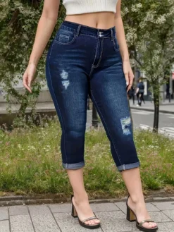 Plus Size Women Summer Ripped Stretch Denim Cropped Pants -Plus Size Dresses Shop b88c6b8535d11539