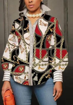 Sexy Slim Printed Puff Sleeve Top Plus Size Long Sleeve Shirt