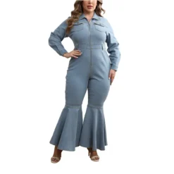 Plus Size Women's Zipper Turndown Collar Long Sleeve Bell Bottom Denim Jumpsuit -Plus Size Dresses Shop b9af494b6e76a25d