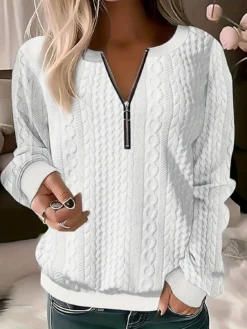 Plus Size Autumn Solid Color Long Sleeve Zipper V-Neck Loose Top Women's Clothing -Plus Size Dresses Shop ba1084c0552f53ea