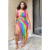 Fashion Plus Size Women's Sexy Rainbow Stripe Cutout One Piece Swimsuit Dress Two-Piece Set
