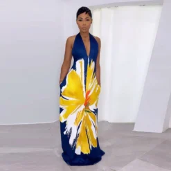 Sexy Print Plus Size Halter Neck Lace-Up Loose V Neck Maternity Dress